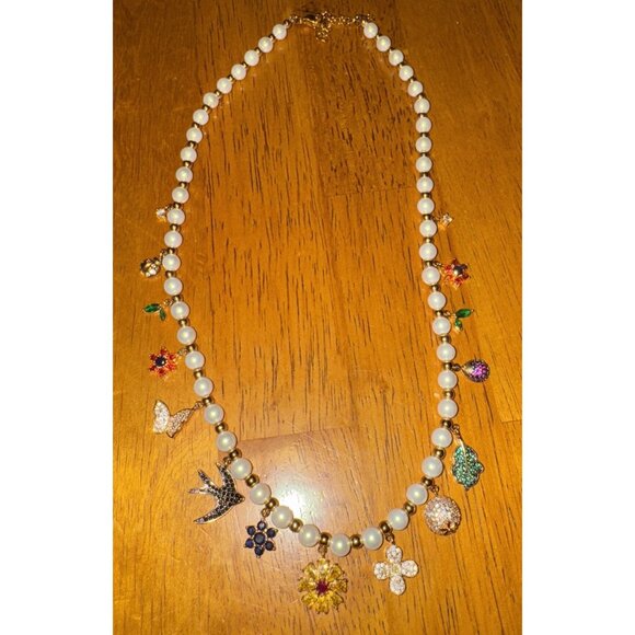 Necklace Gold Zirconia Loaded with Chunky Charms Bird Flower Leaf Beads, Pearls - Picture 1 of 9